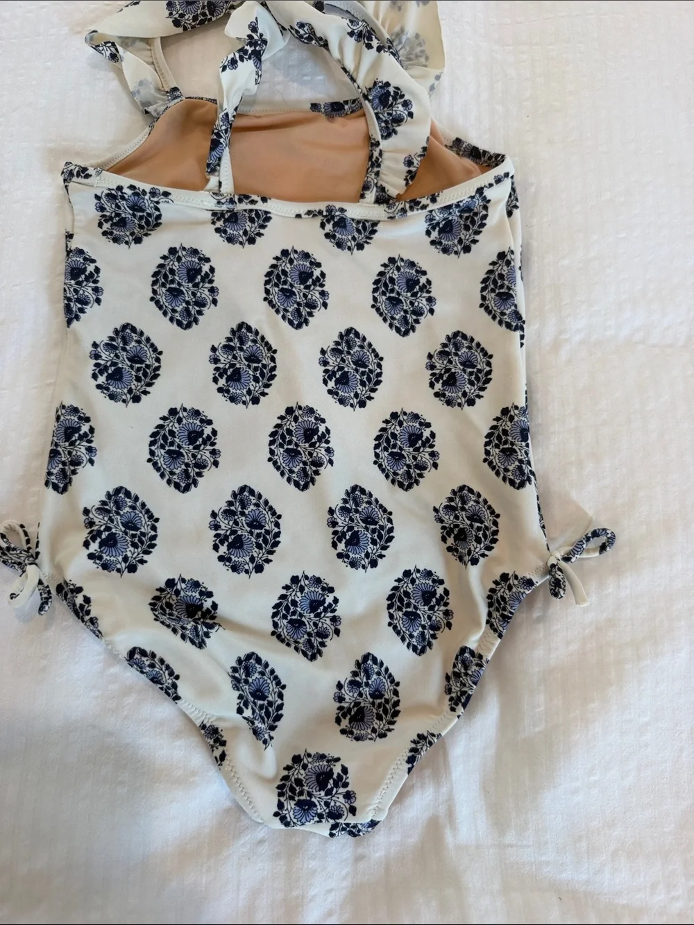 Crewcuts Cream One-Piece Swimsuit with Navy Floral Medallions and Ruffled Straps
